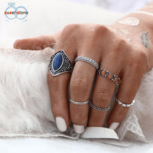 Load image into Gallery viewer, SUSENSTONE 6pcs/Set Women Bohemian Vintage Silver Stack Rings Above Knuckle Blue Rings Set