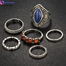 Load image into Gallery viewer, SUSENSTONE 6pcs/Set Women Bohemian Vintage Silver Stack Rings Above Knuckle Blue Rings Set
