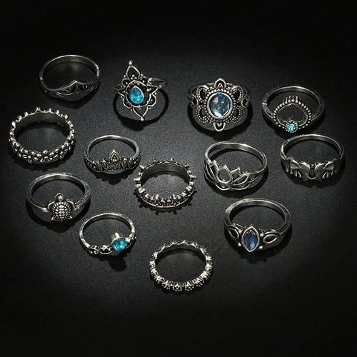 13 Pcs/set Punk Midi Finger Knuckle Tortoise Rings For Women 2018 Vintage Silver Color Crown Crystal Ring Set Bohemian Jewelry Bague Femme
